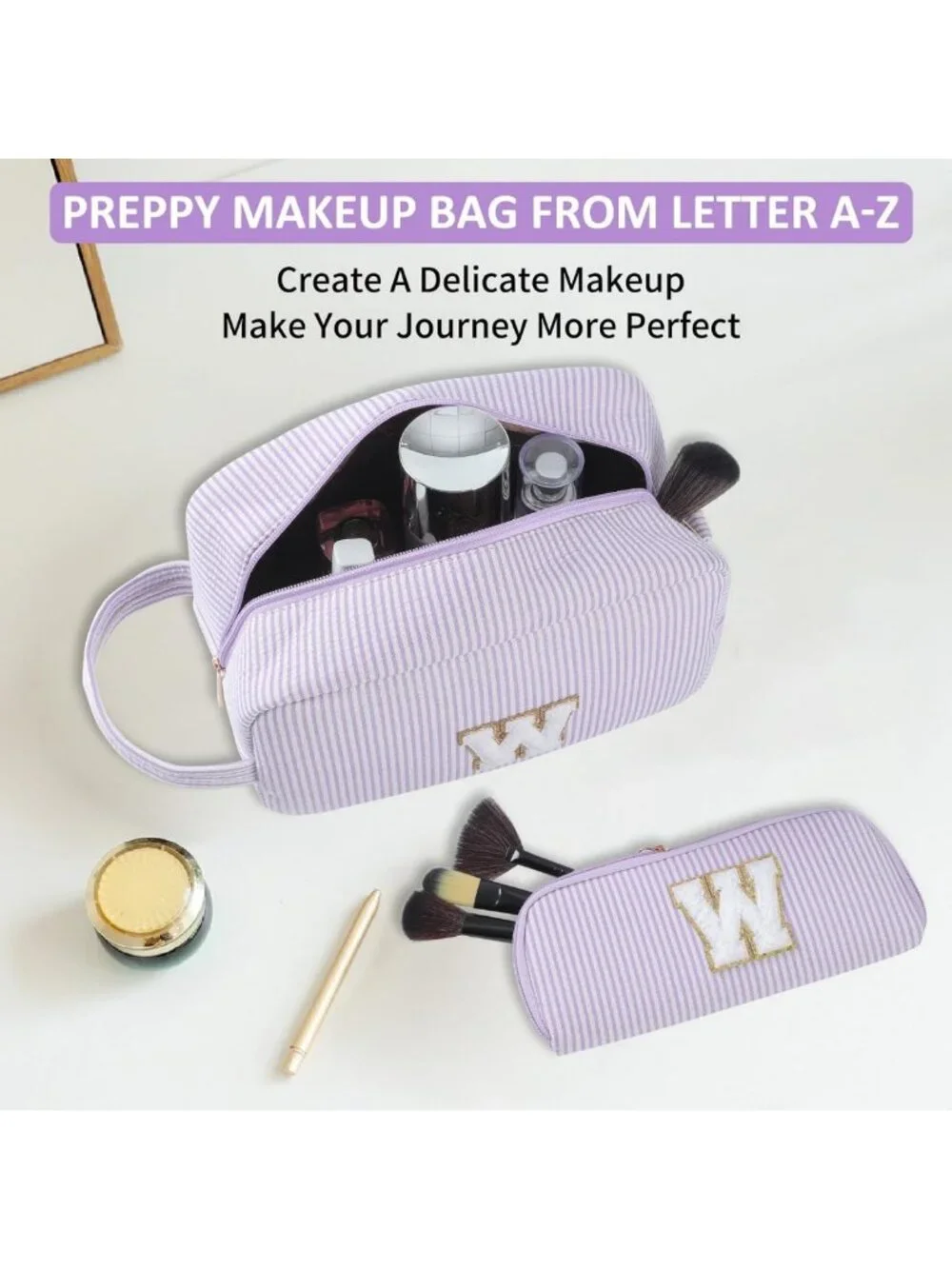 Personalized 2pc Initial Makeup Bag Set - Stylish Gifts for Women in Purple